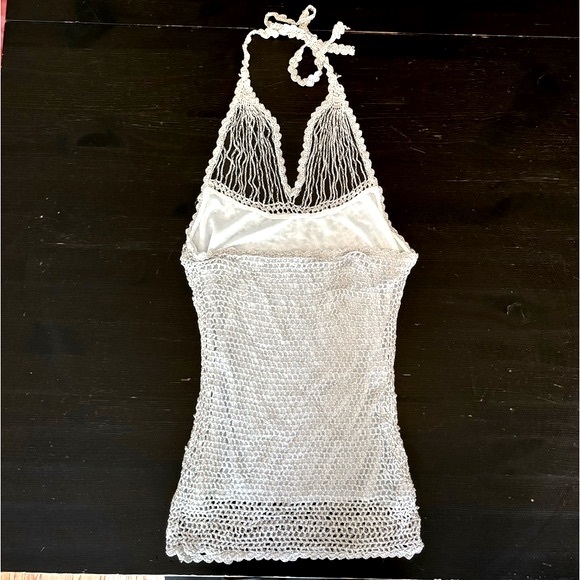 Ricki's Metallic Silver/Cream Lined Crocheted Halter Neck Style Top Size Small - Picture 2 of 16
